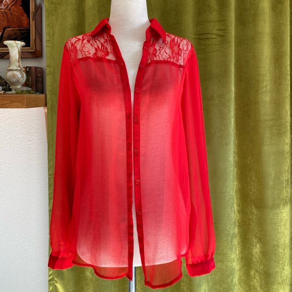 Vintage Red Blouse ❤️ Sheer, Long-Sleeve, Button Up - Picture 3 of 9